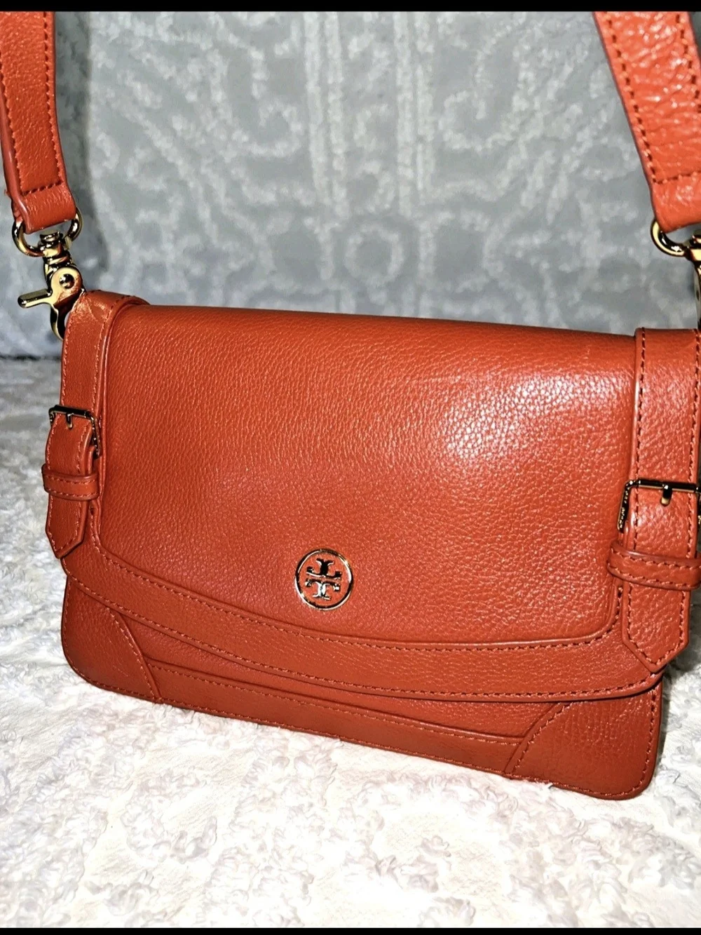 Tory Burch Burnt Orange Pebbled Leather Shoulder Bag